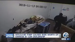 Suspect attempts to steal vehicles at a dealership, but causes thousands of dollars worth of damage