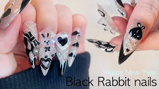 New Year's black rabbit nail art🐰🖤 Gel Extension / Cute Nails ASMR