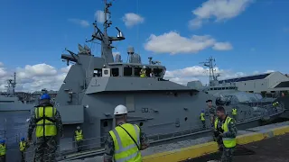 The two new Irish navy ships docking in the basin in Haulbowline.