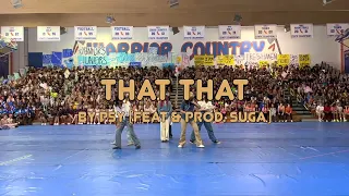 Performing THAT THAT by PSY in a school rally?