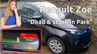 Dead Renault Zoe with "DANGER Electric Failure/Motor Failure" messages on the dash