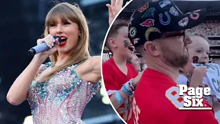 Watch Taylor Swift react to fans wearing Travis Kelce jerseys to Eras Tour concert