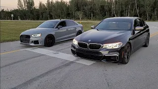 2018 BMW M550i Downpipes 93 vs 2019 Audi RS3 Bolt Ons E85