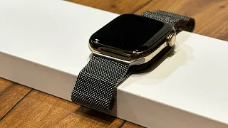 Unboxing Watch Series 9 by Apple | Stainless Steel | Gold | 45mm | Graphite Milanese Loop