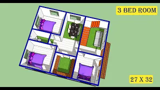 27 X 32 HOUSE PLAN II 3 BED ROOM HOUSE DESIGN II 27 X 32 GHAR KA NAKSHA II 3D HOUSE DESIGN