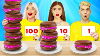 100 Layers Food Challenge! 100+ Coats Giant VS Tiny Food and Sweets for 24 HRS by RATATA CHALLENGE