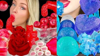 ASMR RED FOODS, SWEDISH BERRIES, EDIBLE ROSES, HI CHEW, ISOMALT LOLLIPOP, RASPBERRY JELLO MUKBANG