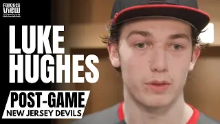 Luke Hughes Reacts to Scoring First Career Goal in New Jersey Devils Overtime Victory vs. Capitals