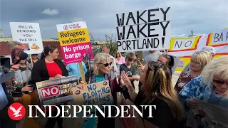 Protesters argue in Portland as Bibby Stockholm barge arrives