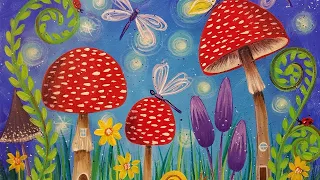 Mushrooms Fairy Garden Beginner Acrylic Tutorial LIVE Painting Step by Step #lovesummerart2017
