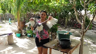 LIMPANDO E PREPARANDO UM CAPOTE GALINHA DA ANGOLA PARA O ALMOÇO FEITO NO FOGÃO A LENHA