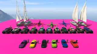 GTA V Megaramp on Boats, Cars, Monster Trucks with Spiderman and friends epic stunt map challenge
