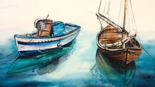 Watercolor Wooden Boats on a Water by Marina Painting Demonstration