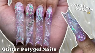 Glitter Polygel Nails✨ Extra Long Nails & 3D Nail Art | Easy Polygel Application | Nail Tutorial