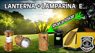 Lampião Recarregável USB + Lanterna de LED com placa solar ideal para Camping