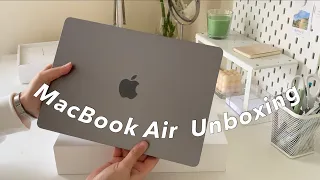 MacBook Air M2 (space gray) + Airpods 3rd generation aesthetic unboxing, accessories, setup ☁️