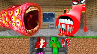 JJ and Mikey HIDE from Scary TRAIN EATER and SLIDE EATER in Minecraft Challenge Maizen Monsters