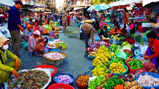 Cambodian Street Food at Boeung Tumpun​ Market, Plenty of Fresh Vegetables, Pork, Chicken, Fruits