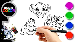 How to draw Timon Pumba Simba from lion king - Easy Draw Magic Color for kids - Magic Color