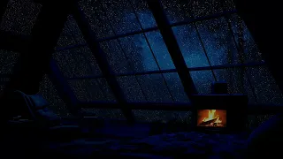 Cozy Attic 🥱 Roaring Fireplace and Heavy Rain in the Forest for Sleeping