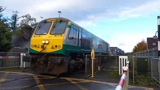 Freight train at Golf Links Road level crossing in Roscommon Town on 24.10.2022