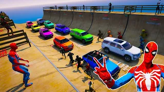 Spiderman and Heroes vs ANIMATRONICS & Villains! Cars and Motorcycles Ramp Challenge GTA V Mods