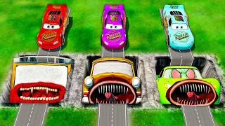 Mega Bus Eater & Car Eater & McQueen Eater Pit Vs Big and Small Rainbow Lightning McQueen! BeamNG!