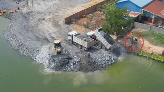 Wow!! Super​​ Bulldozer Shantui Pushing Clearing Sand and  SHACMAN Truck land  Water Lake Deep
