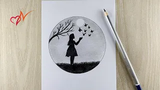 How to draw a girl trying to catch butterfly | Easy Pencil sketch scenery drawing