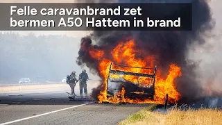 Felle caravanbrand zet bermen A50 bij Hattem in brand - ©StefanVerkerk.nl