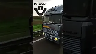 A classic Iveco Turbostar V8 truck with tractor and trailer overtakes when accelerating #truckvideo