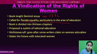 Mary Wollstonecraft: Vindication of the Rights of Women | Literary Criticism| UGC English Literature