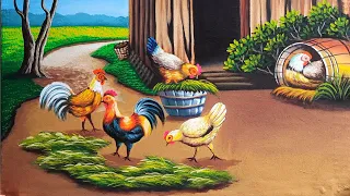 Village chicken farmhouse painting | nature drawing painting