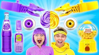 YELLOW VS PURPLE FOOD CHALLENGE || Eating One Color For 24 HOURS! Last To STOP Wins By 123GO! TRENDS