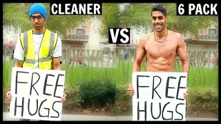 CLEANER vs 6 PACK Getting Free Hugs (SOCIAL EXPERIMENT)