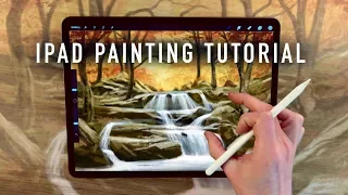 IPAD PAINTING TUTORIAL - Autumn waterfall landscape art in Procreate