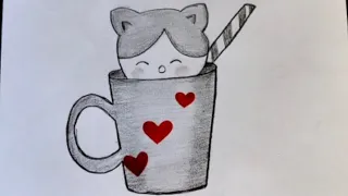 Pencil Drawing Easy Ideas / Cute Cat and Mug Drawing / Easy Cat Drawing 🥤😍