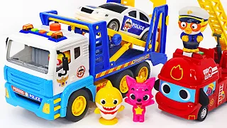 سرق الشرير خزنة pinkfong! دعنا نذهب ! بورورو يضخ سيارات حاملة الشرطة! | PinkyPopTOY