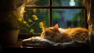 Cat purring sound with light rain outside the window. Comforting sounds for relaxation