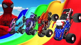 5 MONSTER TRUCK VS GIANT COLOR WATER SLIDE