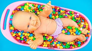 Satisfying Relaxing Candy | Full Cool Big Bathtub of Rainbow Sweets with Dolls Cutting Slime ASMR #4