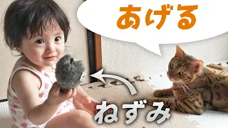 猫にもらったねずみで遊ぶ赤ちゃん娘