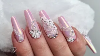 Pink Chrome Nails with flowers and crystals. 😍 Professional Gel nail extensions step by step
