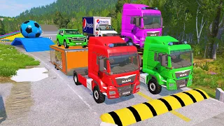 Double Flatbed Trailer Truck vs Speedbumps Train vs Cars | Tractor vs Train Beamng.Drive 065