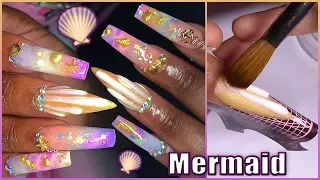 HOW TO Acrylic Shell Nail 🧜🏽‍♀️ Mermaid Set Glitter Marble Bling