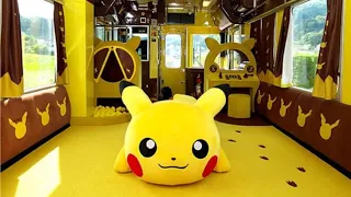 Riding Pikachu Pokemon Train in Japan! A lot of Pikachu in this train!