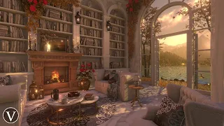 Autumn Library | Sunset Ambience | Fireplace, Lake & Forest Nature Sounds