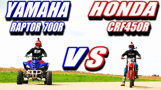 YAMAHA RAPTOR 700R VS. HONDA CRF450R! REMATCH! CLUTCHLESS SHIFTING!