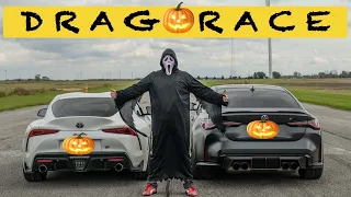 2021 Supra GR vs 2021 BMW M4 Manual.The one with Halloween drag and roll race.