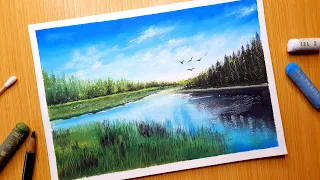 Oil Pastel Nature Drawing Tutorial for Beginners / Easy Oil Pastel Landscape Drawing